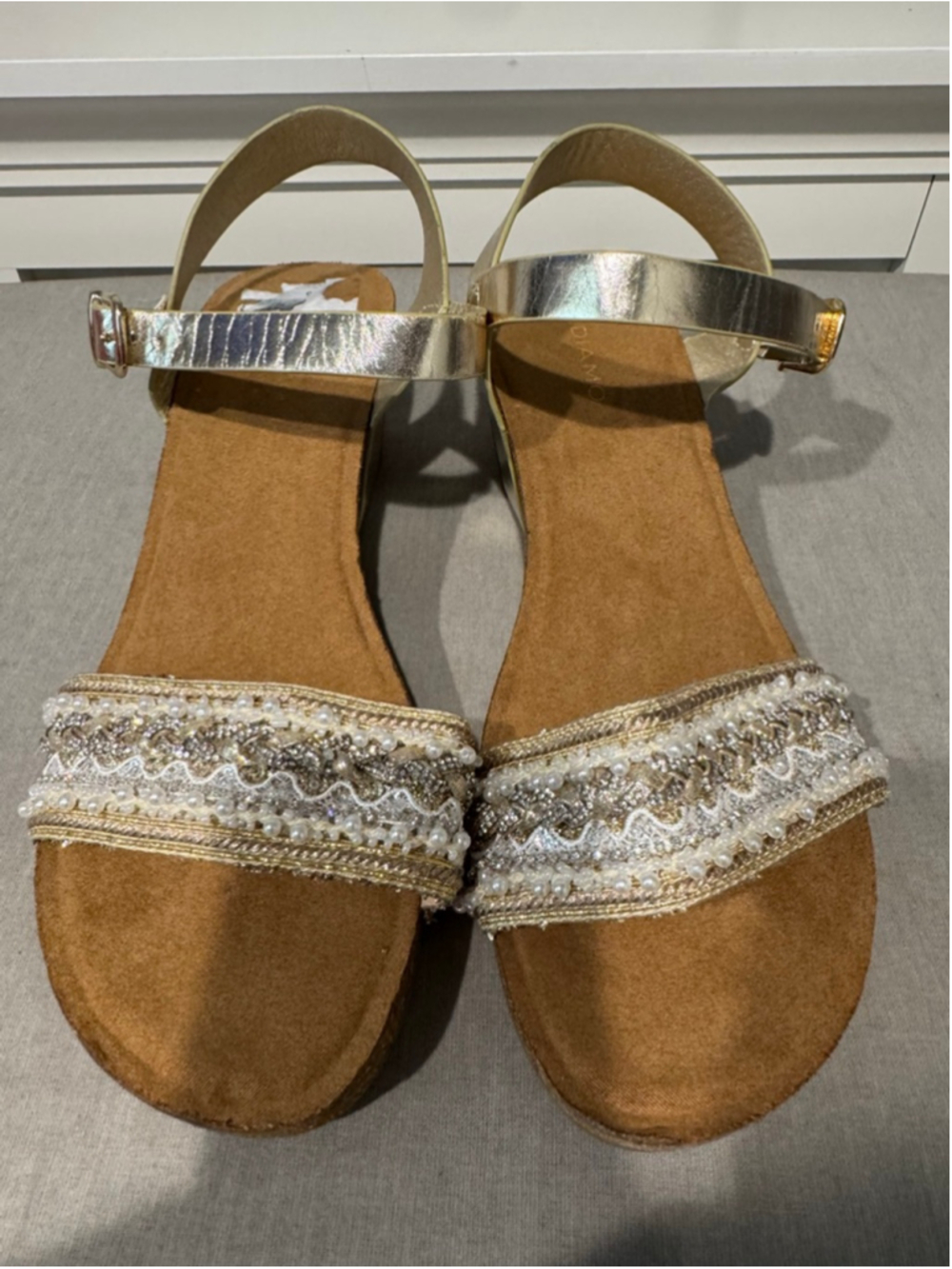 Women's ANDIAMO Gold & pearl Beaded Cork platform Wedge Sandals Size 11 Vegan